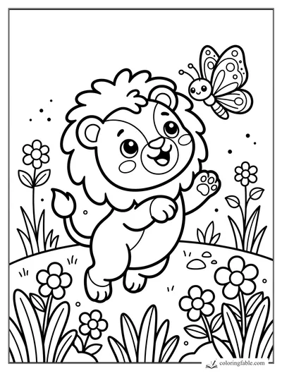 Kawaii lion cub waving at a butterfly among flowers and tall grass