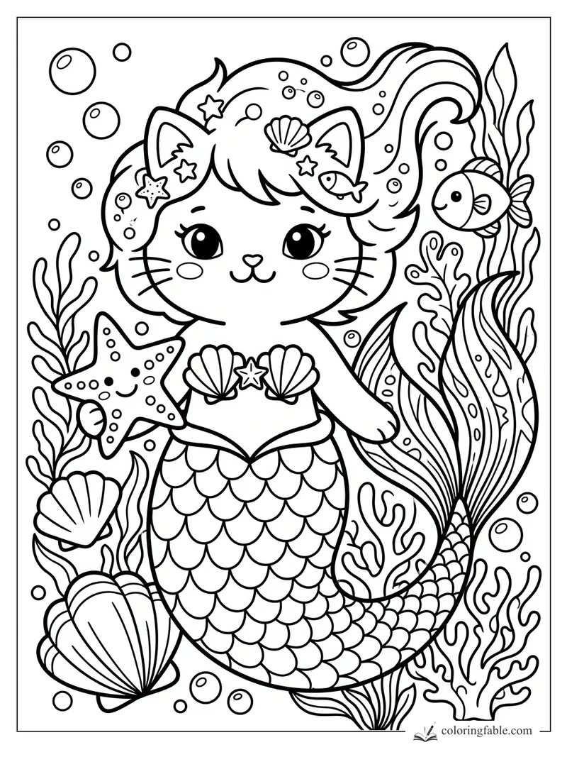 Kawaii mermaid cat with shell top, scaled tail, starfish, fish, seaweed, bubbles, and seashells.