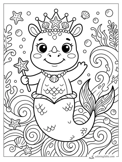 Kawaii mermaid dinosaur with shell crown, star wand, pearl necklace, seaweed, bubbles, and swirling waves.