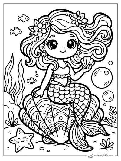 Kawaii mermaid with flowing flowered hair holding a shell among fish, bubbles, seaweed, and a smiling starfish.