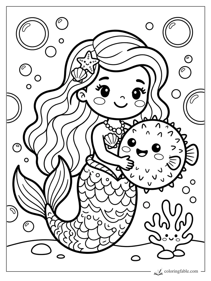 Kawaii mermaid hugging a smiling pufferfish with bubbles, coral, shells, and a starfish hair clip