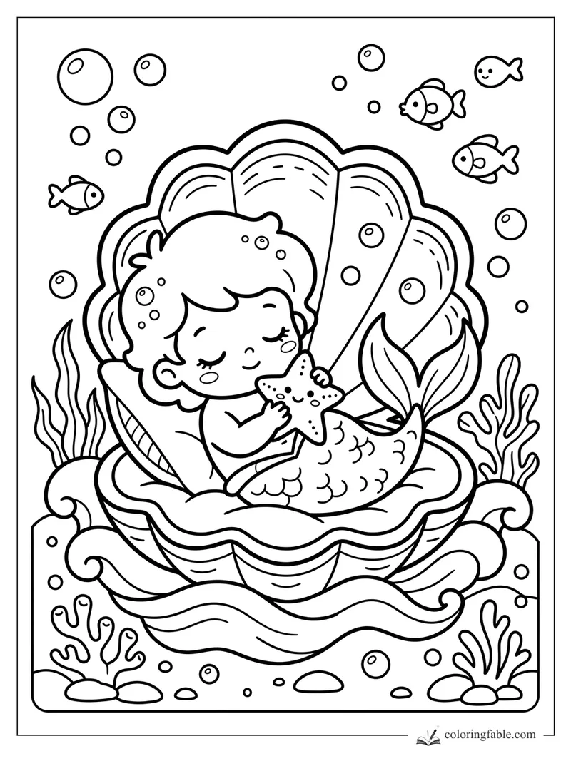 Kawaii mermaid cuddles a smiling starfish inside an open seashell with fish, bubbles, coral, and waves.