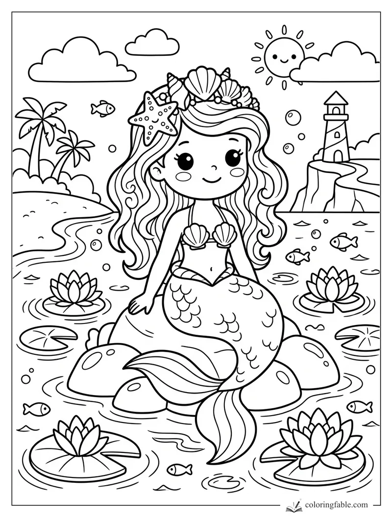 Kawaii mermaid with shell crown sitting on turtle-shaped rocks in a summer lagoon with lilies and lighthouse
