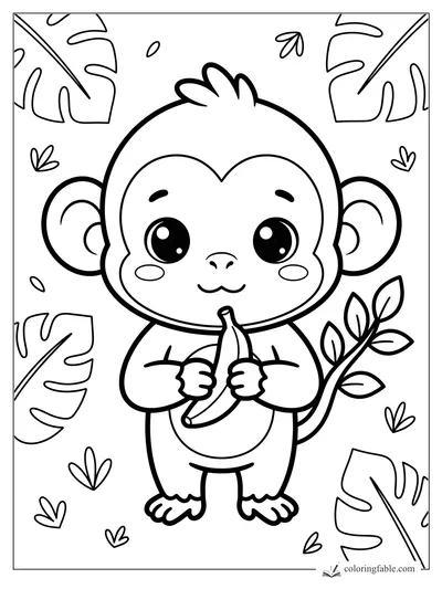 Cute kawaii monkey holding a banana with big ears, shiny eyes, jungle leaves, and a leafy tail.