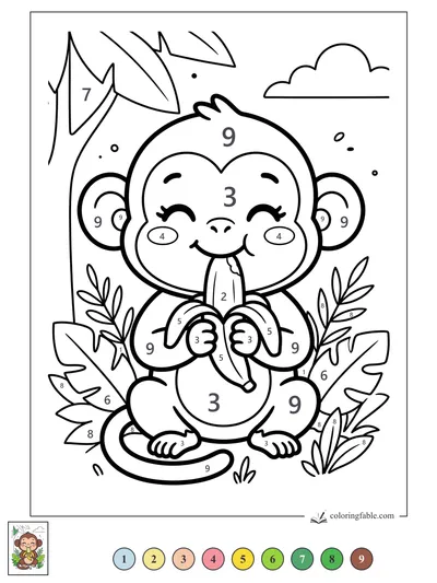 Kawaii Monkey Munching a Banana — color by number