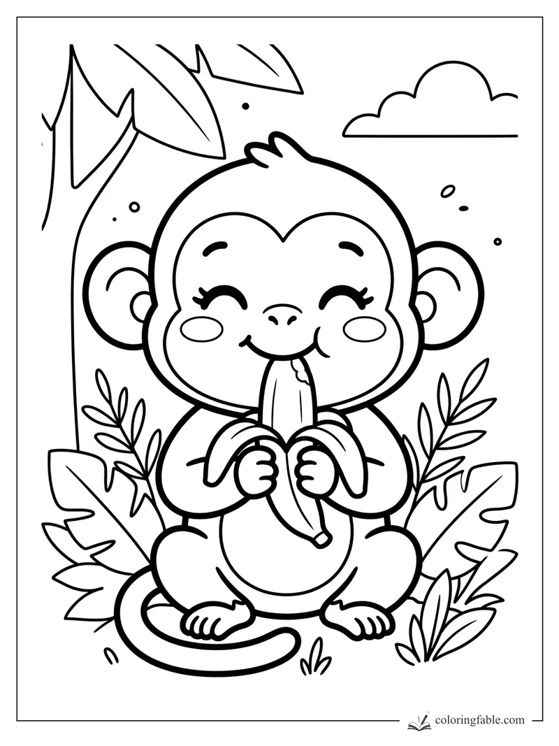 Kawaii monkey smiling with a peeled banana, sitting among jungle leaves under a small cloud