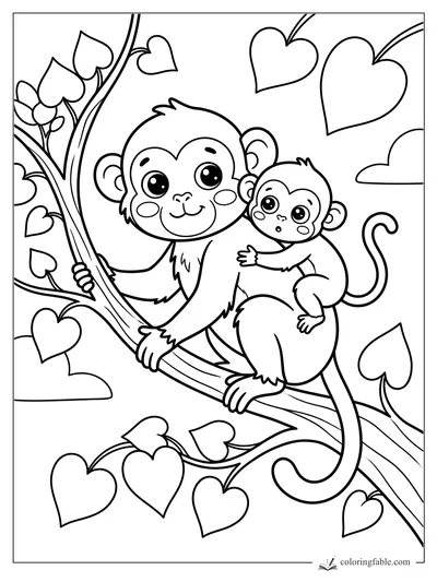 Kawaii monkey with baby on curving vines surrounded by heart-shaped leaves and clouds