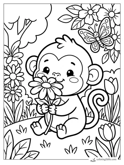 Kawaii monkey holding a daisy in a flower garden with a butterfly overhead