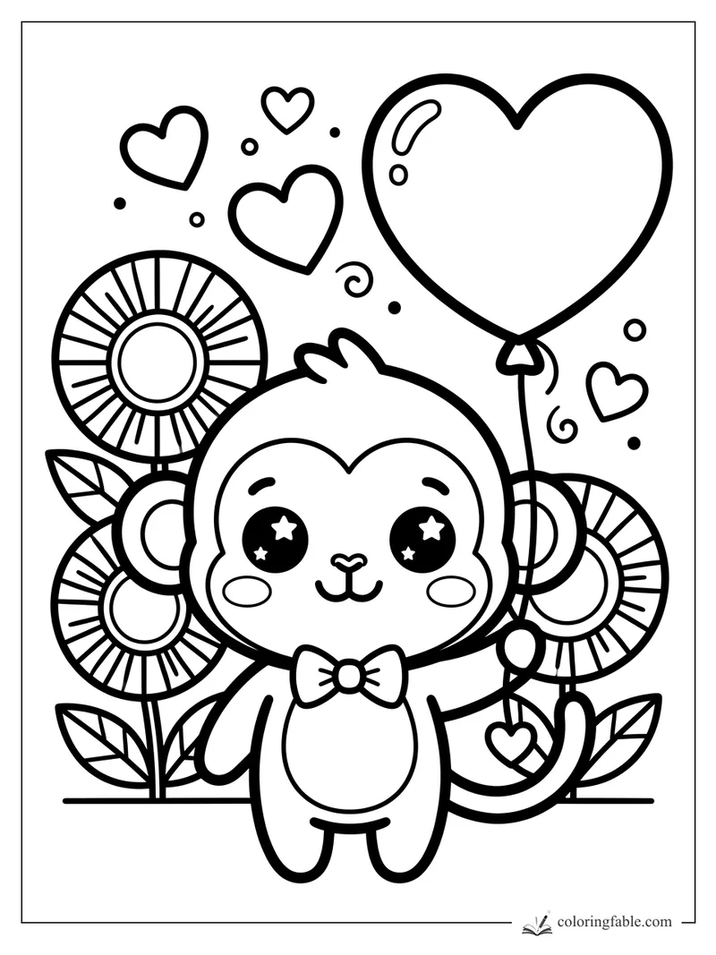 Kawaii monkey in a bow tie holding a heart balloon among tall flowers and floating hearts