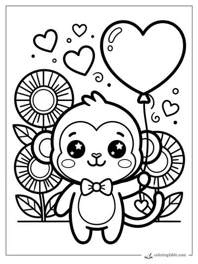 Kawaii monkey in a bow tie holding a heart balloon among tall flowers and floating hearts