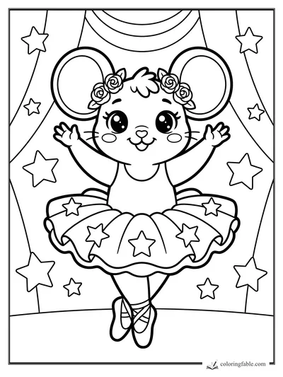 Kawaii mouse ballerina in a tutu with roses, raised paws, stage curtains, and stars.