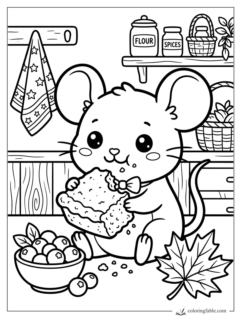 Kawaii mouse eating cornbread in a Thanksgiving pantry with cranberries, maple leaf, flour and spices.