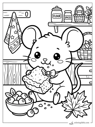 Kawaii mouse eating cornbread in a Thanksgiving pantry with cranberries, maple leaf, flour and spices.