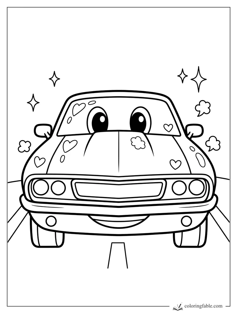 Kawaii muscle car front view with big eyes, hearts, sparkles, puff clouds, and road lines.