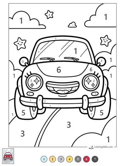 Kawaii Muscle Car with Starry Headlights — color by number