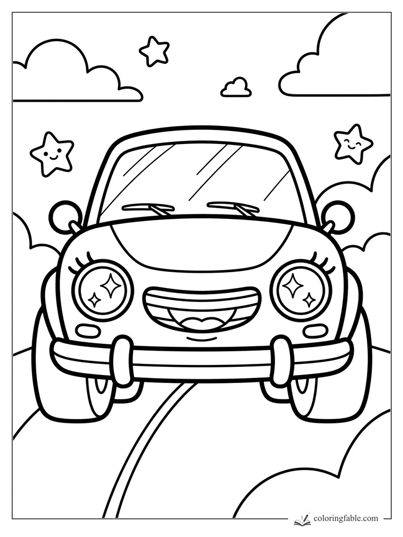 Kawaii muscle car with sparkling headlights, smiling grille, clouds, and stars on a curvy road.