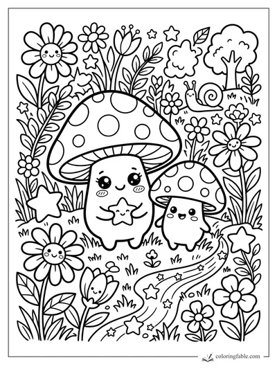Kawaii mushroom friends holding a star among flowers, snail, trees, and a winding star path.