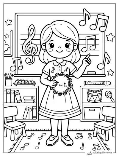 Kawaii girl holding a smiling tambourine in a music classroom with notes, staff board, and instruments.