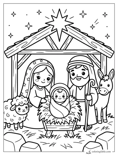 Kawaii Nativity scene with Mary, Joseph, baby Jesus, a sheep, donkey, stable, and bright star.