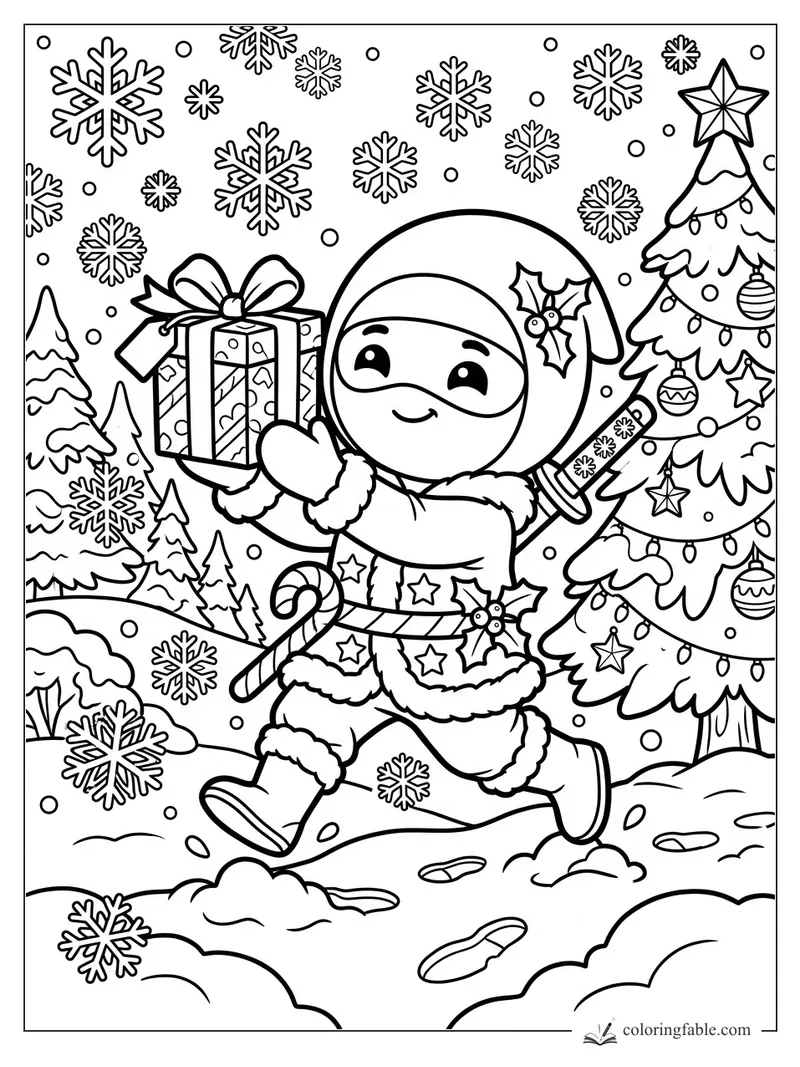 Kawaii ninja in Santa outfit carrying a present through snowy Christmas trees