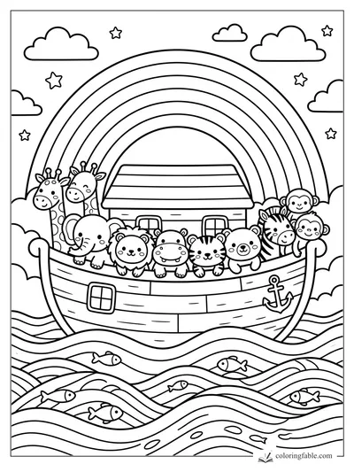 Kawaii Noah’s ark with smiling animals, rainbow, clouds, stars, waves, fish, and an anchor.
