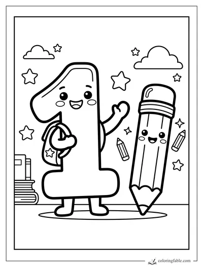 Kawaii number 1 smiling with a backpack, pencil friend, stars, clouds, and books