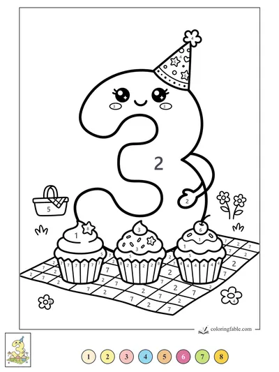 Kawaii Number 3 Picnic Party — color by number