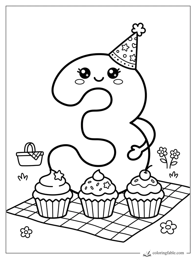 Kawaii number 3 with party hat, three cupcakes, picnic blanket, basket, and flowers
