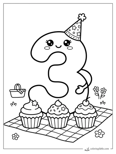 Kawaii number 3 with party hat, three cupcakes, picnic blanket, basket, and flowers