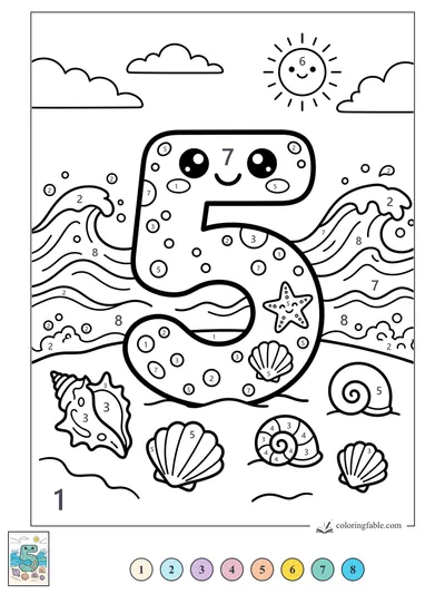 Kawaii Number 5 at the Seashore — color by number