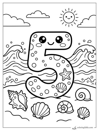 Kawaii number 5 with smiling sun, waves, bubbles, starfish, seashells, and snails at the beach