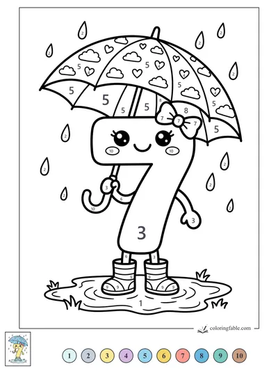 Kawaii Number 7 Under a Rainy Umbrella — color by number