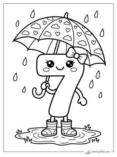 Kawaii number 7 with bow, rain boots, and a cloud-and-heart umbrella standing in a puddle.