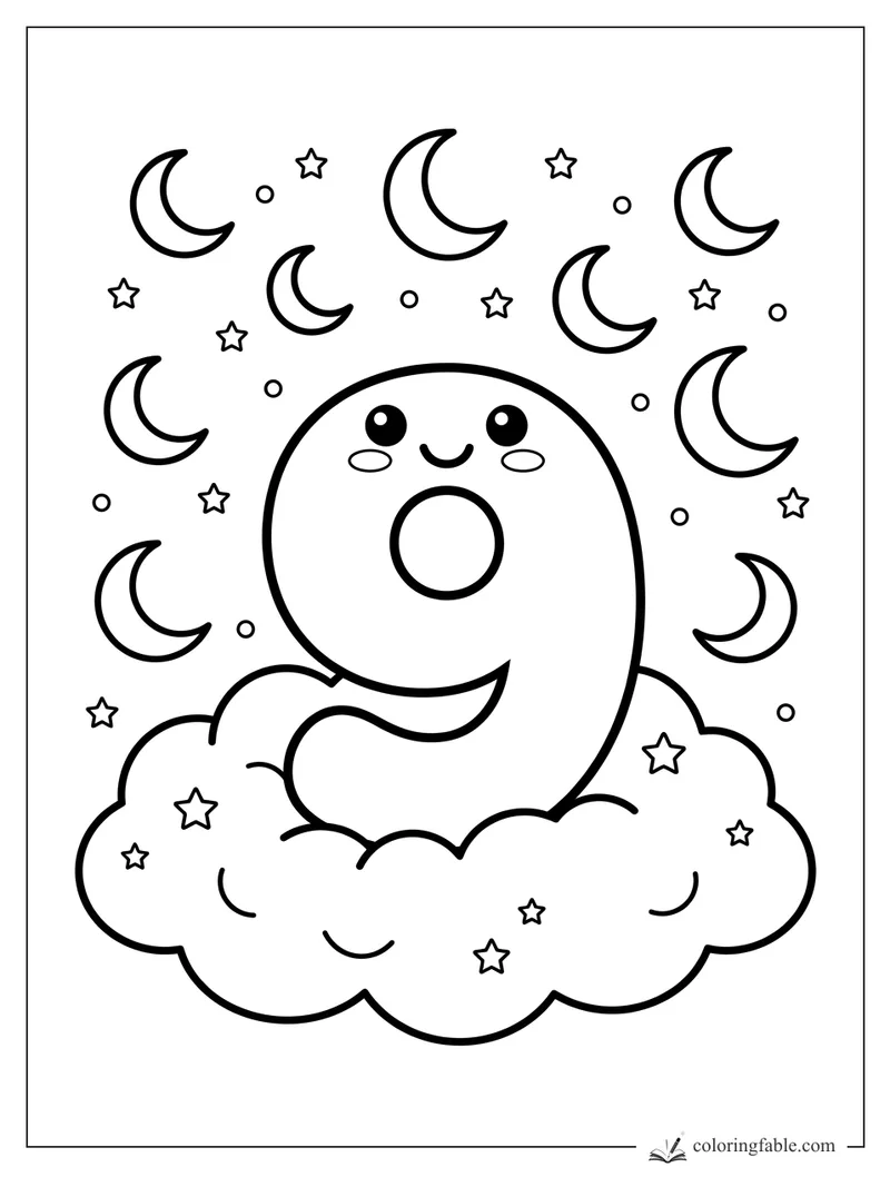 Kawaii number 9 smiling on a cloud with crescent moons, stars, and dots