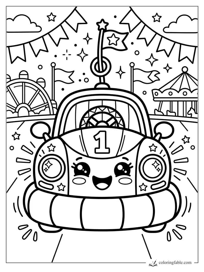 Kawaii race car with number 1, star headlights, flags, Ferris wheel, and carousel at a fair