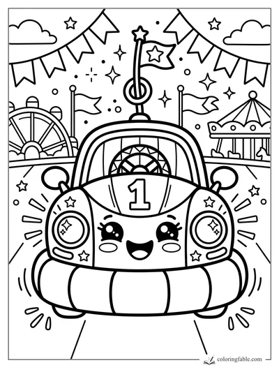 Kawaii race car with number 1, star headlights, flags, Ferris wheel, and carousel at a fair