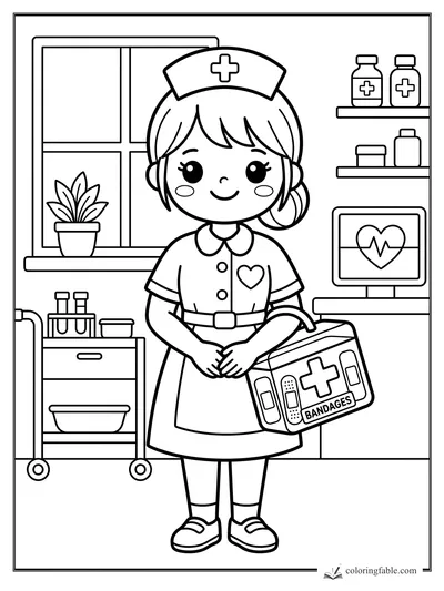 Kawaii nurse holding a bandages box in a clinic with medicine shelves and heart monitor.