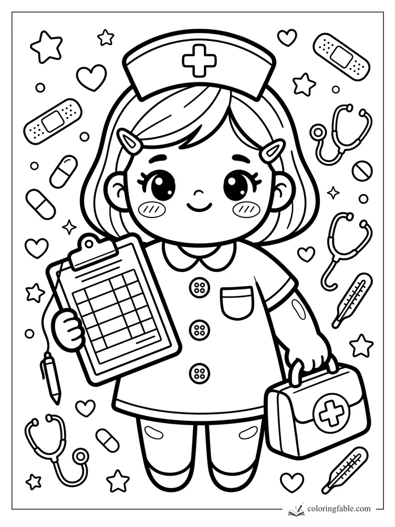 Kawaii nurse holding a chart and medical bag, surrounded by bandages, stethoscopes, hearts, stars, and thermometers.