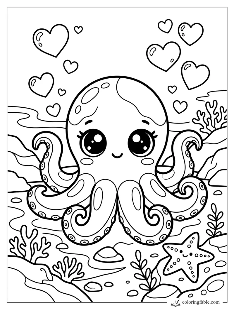 Cute kawaii octopus with big eyes, curled tentacles, heart bubbles, coral, rocks, seaweed, and a smiling starfish.