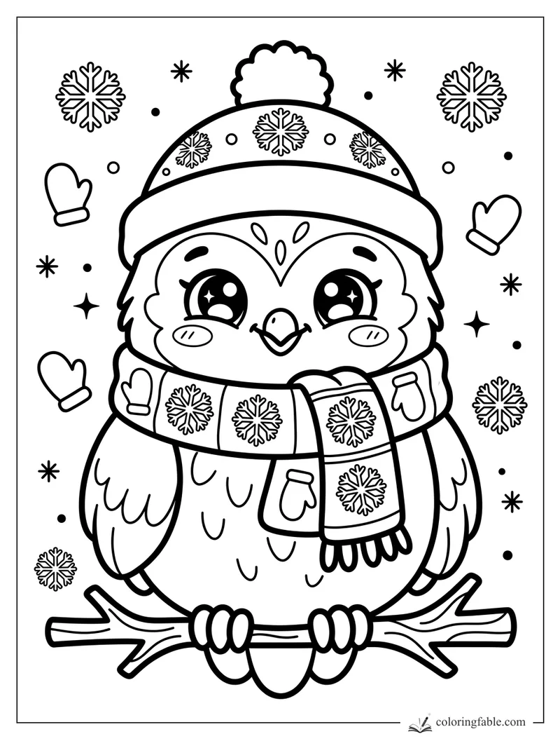 Kawaii owl on a branch wearing a snowflake hat and scarf with mittens and falling snow