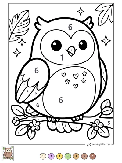Kawaii Owl on a Flowering Branch — color by number