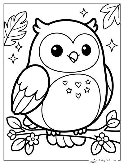 Kawaii owl with big eyes, heart and star belly marks, leaves, flowers, and sparkles on a branch