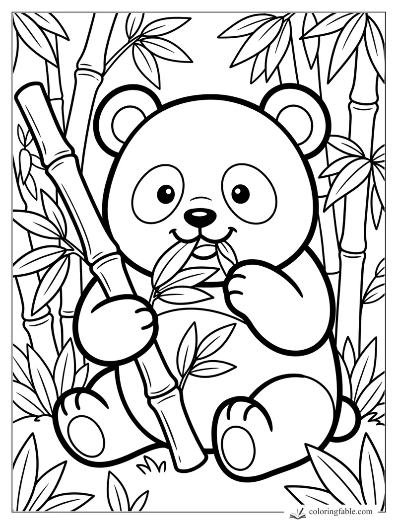 Kawaii panda bear holding bamboo and chewing leaves in a leafy bamboo grove coloring page