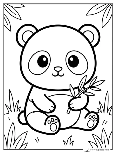 Kawaii panda sitting in grass and holding a bamboo sprig with leafy jungle corners