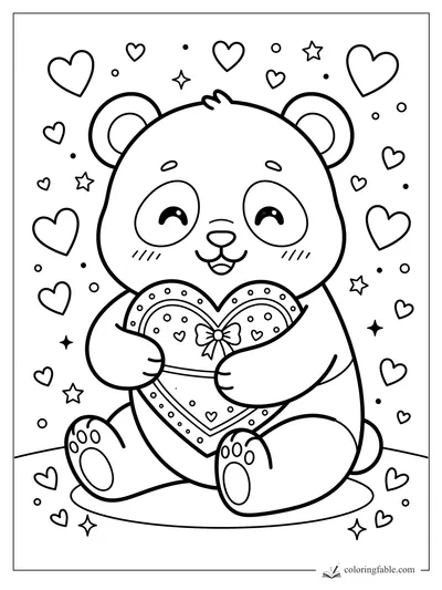 Kawaii panda holding a bow-tied heart gift, surrounded by hearts, stars, dots, and sparkles.