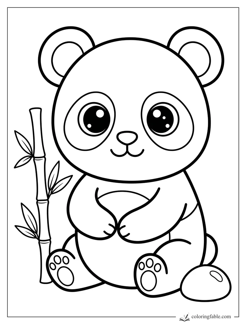 Cute kawaii panda sitting beside leafy bamboo with big sparkling eyes and paw pads.