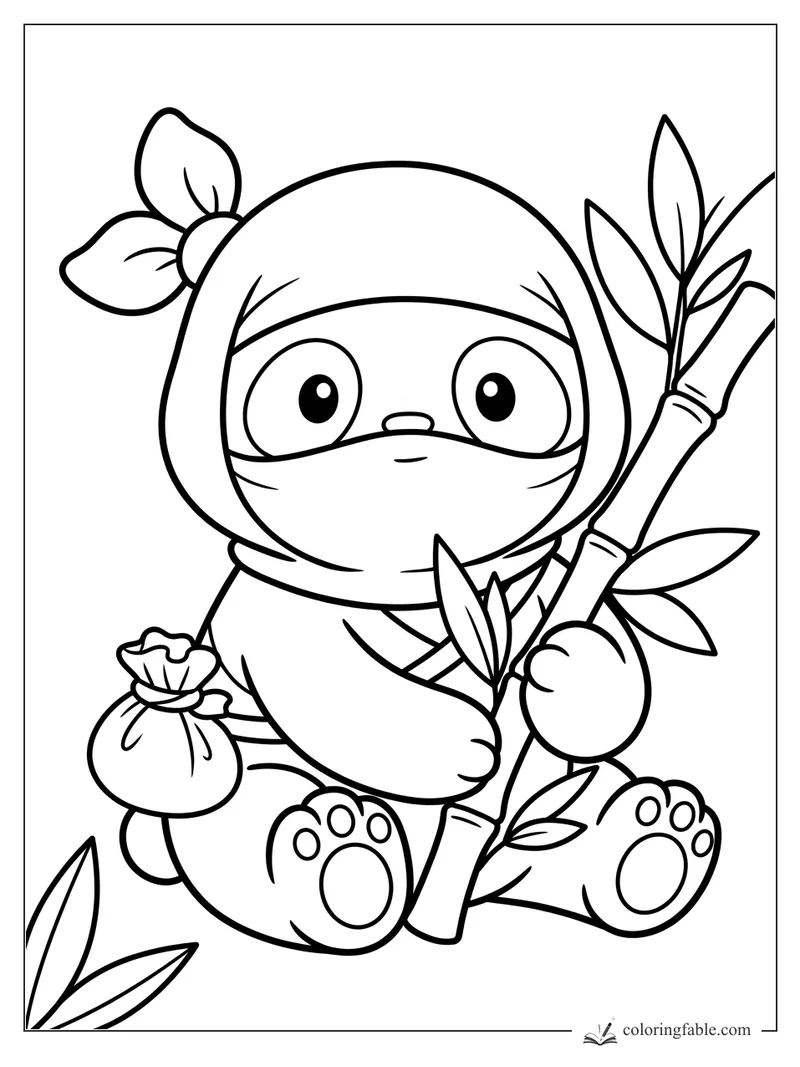 Kawaii panda ninja holding a leafy bamboo staff, with a small pouch, paw pads, and a flower by one ear.