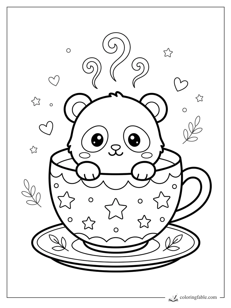 Cute kawaii panda peeking from a star-patterned teacup with hearts, steam curls, and saucer leaves