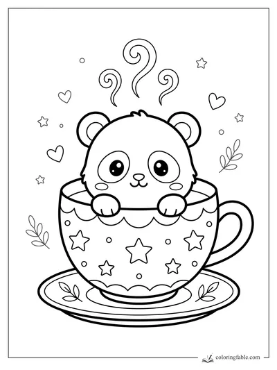 Cute kawaii panda peeking from a star-patterned teacup with hearts, steam curls, and saucer leaves