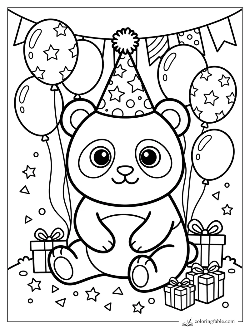 Kawaii panda in a party hat with balloons, bunting, gifts, stars, and confetti to color